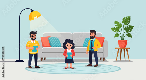 Family Posing Together In The Living Room Cartoon Illustration