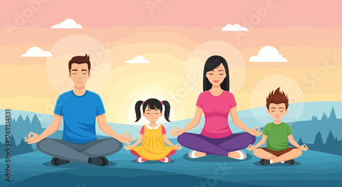 Family Practicing Meditation Outdoors Under a Calming Sunset Sky
