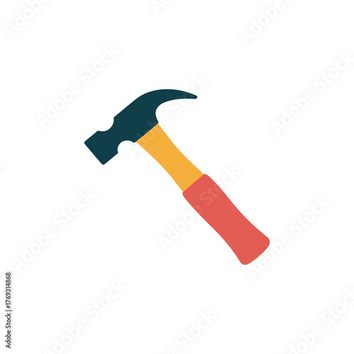 A practical claw hammer with a dark green head and a red handle on a white background