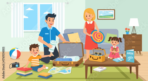 Family Preparing For Summer Vacation At Home With Children
