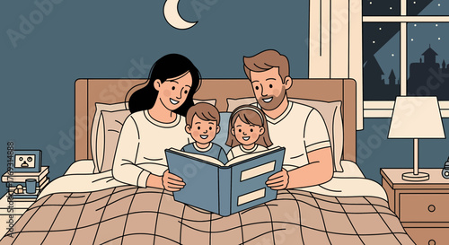 Family Reading Bedtime Story Together In Their Room At Night