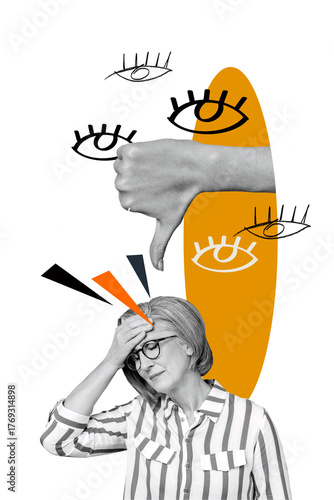 Trend artwork composite image photo collage of aged lady headache overloaded many eyes watch scrutiny thumb gesture down dislike reaction