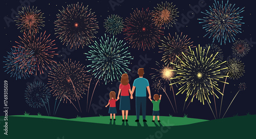 Family Watching Fireworks Celebration Together in the Night Sky