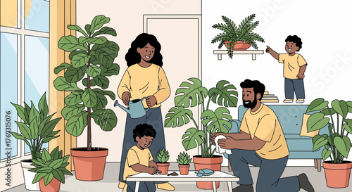 Happy Family Cares For Plants At Home In A Bright Environment
