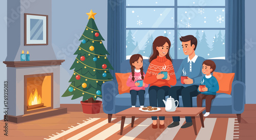 Happy Family Celebrating Christmas Eve in Cozy Living Room