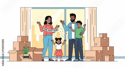 Happy Family Celebrating Moving Into New Home With Packed Boxes