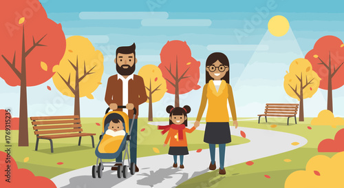 Happy Family Enjoying Autumnal Walk In City Park Vector Illustration