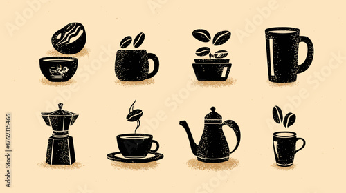 Coffee beans, cups, and pots collection in rustic hand-drawn style. Icons for cafes, breakfast, hot drinks, and beverage design.
