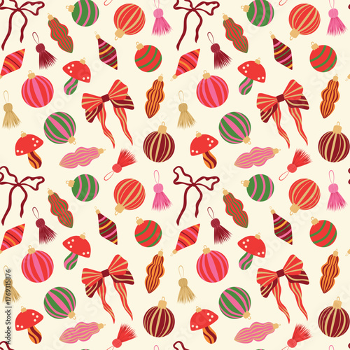 Christmas ornaments vector seamless pattern. Bright striped xmas baubles, mushroom decorations, festive tassels and ribbon bows on light background. Colorful winter holiday decorations repeat design