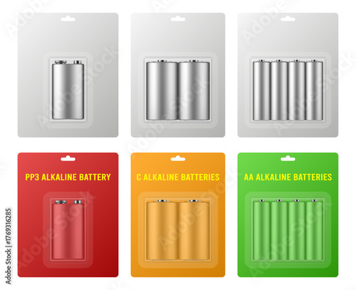 AA, PP3 and C alkaline batteries in a package with transparent window and hanging hole. Realistic mockup