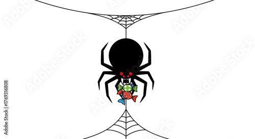 Halloween candy themed spider web illustration featuring a spider carrying sweets
