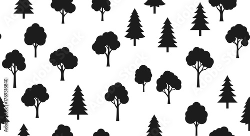 Seamless monochromatic pattern featuring silhouette trees against a crisp white backdrop