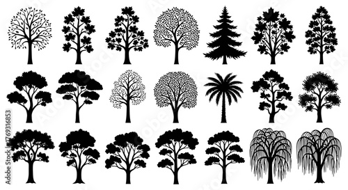 Diverse arboreal silhouette compilation showcasing varied tree shapes for ecological visualizations