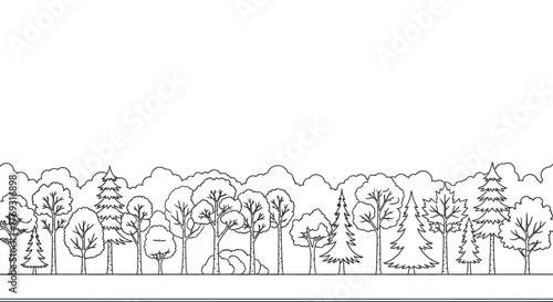 Monochrome forest illustration featuring various tree species and tranquil foliage scenery