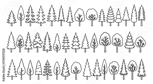 Line art drawing of diverse tree silhouettes in rows for nature illustrations and forest backgrounds