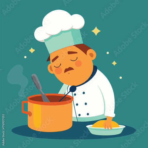 Exhausted Chef with Steaming Pot – Humorous Cooking Scene on Teal Background