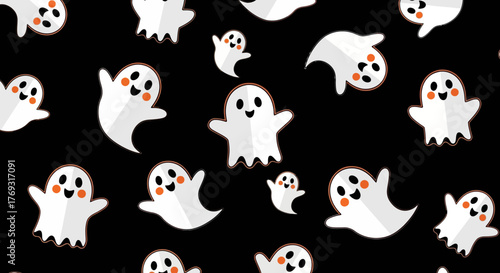 Whimsical Spooky Season: Cheerful Ghost Characters Pattern on Dark Background for Halloween Fun