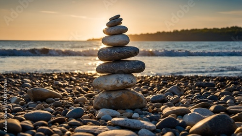 Stacked stones on a sunny shore, symbolizing balance, tranquility, and motivational serenity.