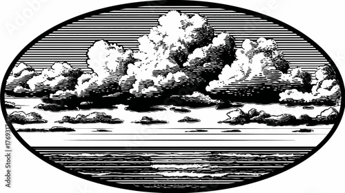 Dramatic cumulus clouds over serene ocean water, a striking black and white nature illustration in a vintage engraving style.