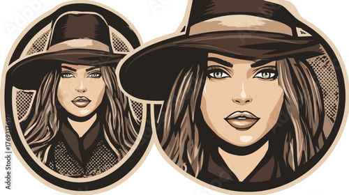 Stylish woman portrait illustration wearing a wide-brimmed hat, vector graphic with an elegant, vintage, and feminine design.