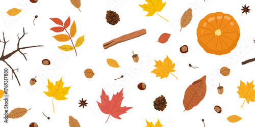 Autumn theme cozy seamless pattern. Fashion textile design with autumn theme hand-drawn leaves, pumpkin, chestnuts and other objects.