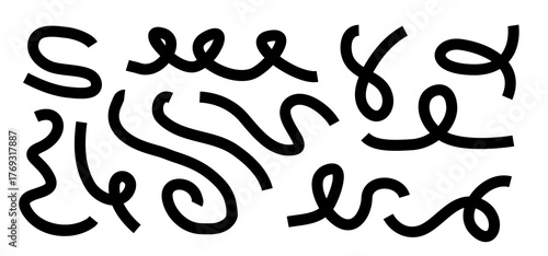 Black squiggle line set. Festive element collection. Isolated squiggly vector party ribbons. Black on white.
