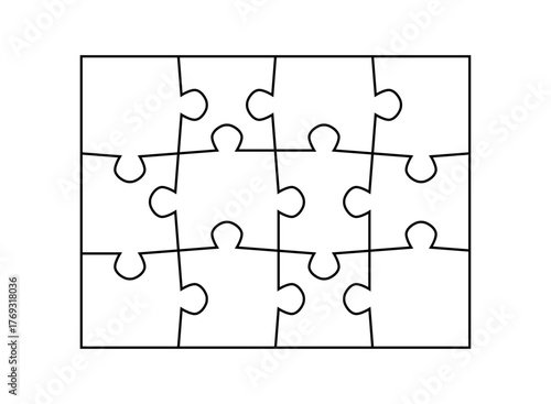 Jigsaw puzzle pieces blank template. Cutting lines simple grid design for kids jigsaw rectangle puzzle - 12 pieces.