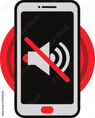 Muted Smartphone Icon – Stylized Illustration of Mobile Device with Sound Off Symbol on Red Background Vector