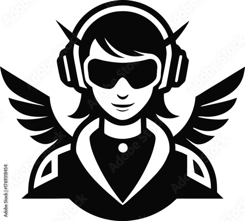 Winged Music Icon – Stylized Black and White Portrait with Headphones, Sunglasses, and Symmetrical Wings Vector