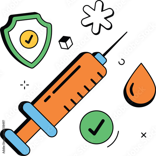 Vaccination insurance with syringe drop and shield isometric flat vector illustration