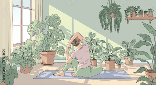 Serene yoga practice surrounded by lush indoor houseplants