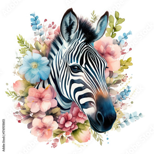 Watercolor Zebra On Flower Fiekd, clipart Illustration, Generative Ai