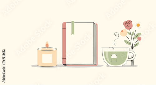 Relaxing reading time with tea, flowers, and candlelight bliss