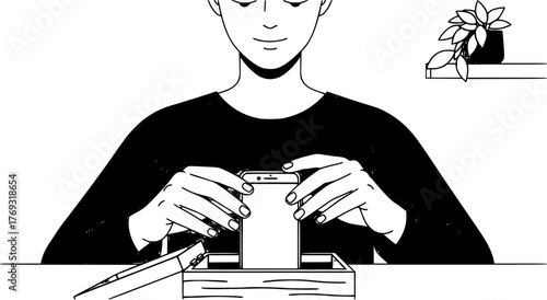 Unboxing new smartphone device from wooden box, modern lifestyle