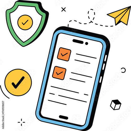 Insurance policy checklist mobile form paper plane isometric flat vector illustration