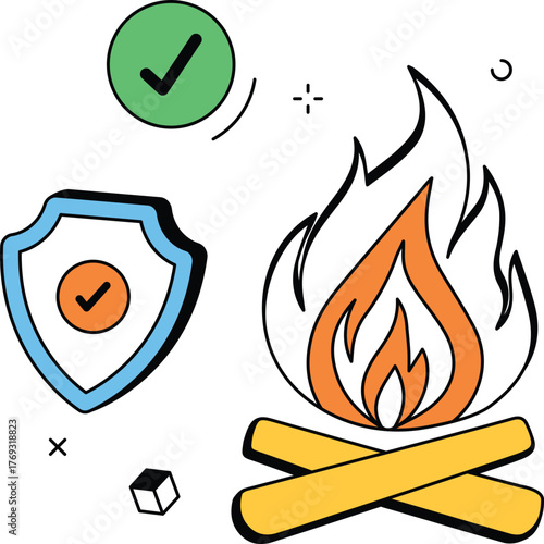 Protecting against fire risk management with insurance shield isometric flat vector illustration