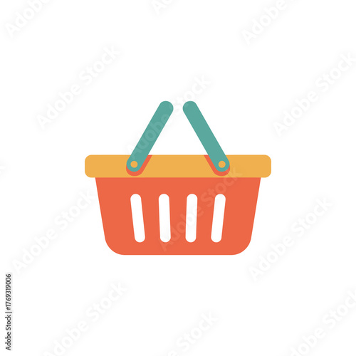 A vibrant flat design shopping basket icon featuring orange and yellow with teal handles