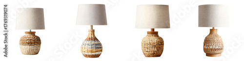 Four Woven Rattan Table Lamps with Linen Shades Isolated on White Background