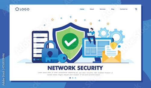 An illustration depicting network security with visual elements like shields, locks, and devices, showcasing the importance of cybersecurity in the digital age for users and businesses.