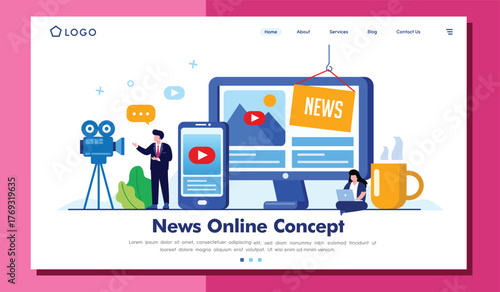 The image represents an online news concept featuring various devices showing news elements, emphasizing the importance of digital media and modern communication in daily life.
