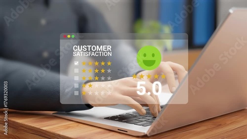 Customer satisfaction feedback review concept. 5 star rating, quality service, digital feedback system. Happy customer writing product or service experience online. 4K 3D video animation