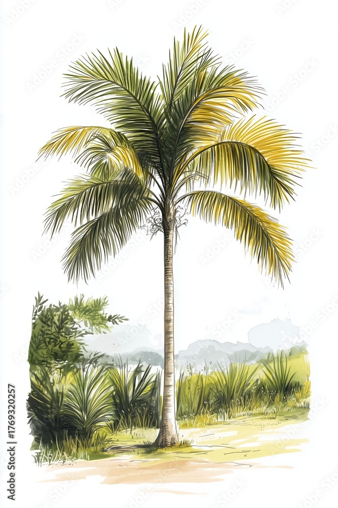 Obraz premium Tropical Palm Tree with Yellow Blooms in Warm Landscape
