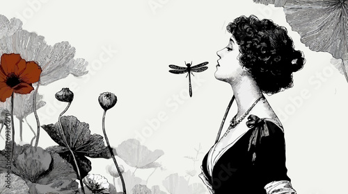 Elegant woman in profile with a dragonfly and red poppies, vintage Art Nouveau style illustration with grayscale elements