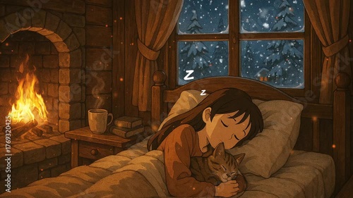 Cozy winter night with a girl and a cat by the fireplace in a snowy cabin. Loop animation