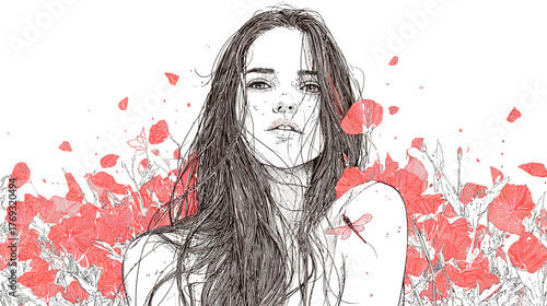 Artistic portrait of a beautiful young woman with flowing dark hair in a vibrant red poppy field, hand-drawn illustration