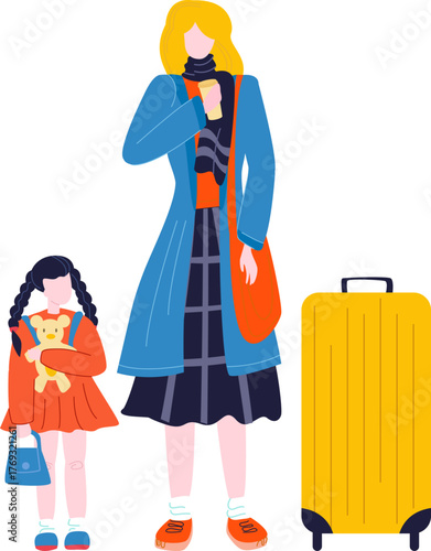 A mother and daughter prepare for a trip, highlighting the relationship between them with travel essentials, including a suitcase and a toy bear, reflecting family bonding.