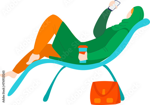 An illustration featuring a person relaxing on a lounge chair while sipping a drink, representing comfort, self-care, and mindfulness in a serene environment of leisure.