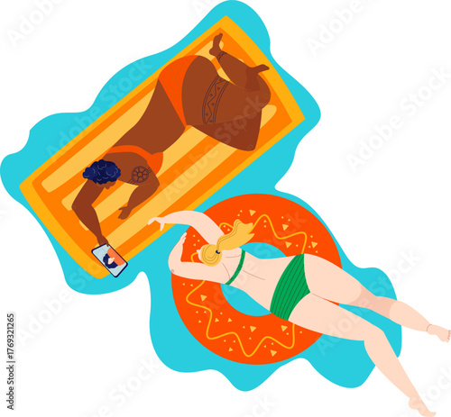 An illustration of two friends lying on colorful floaters by the pool, using their phones, representing modern friendships and leisurely moments of relaxation in a summer setting.