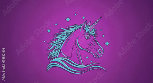 A vibrant illustration of a unicorn head with a purple face and blue mane, set against a purple background with sparkling stars around it