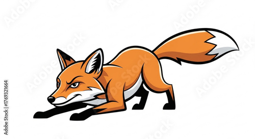 A cartoon fox is crouching down, ready to pounce the fox is orange with a white tail and a determined expression